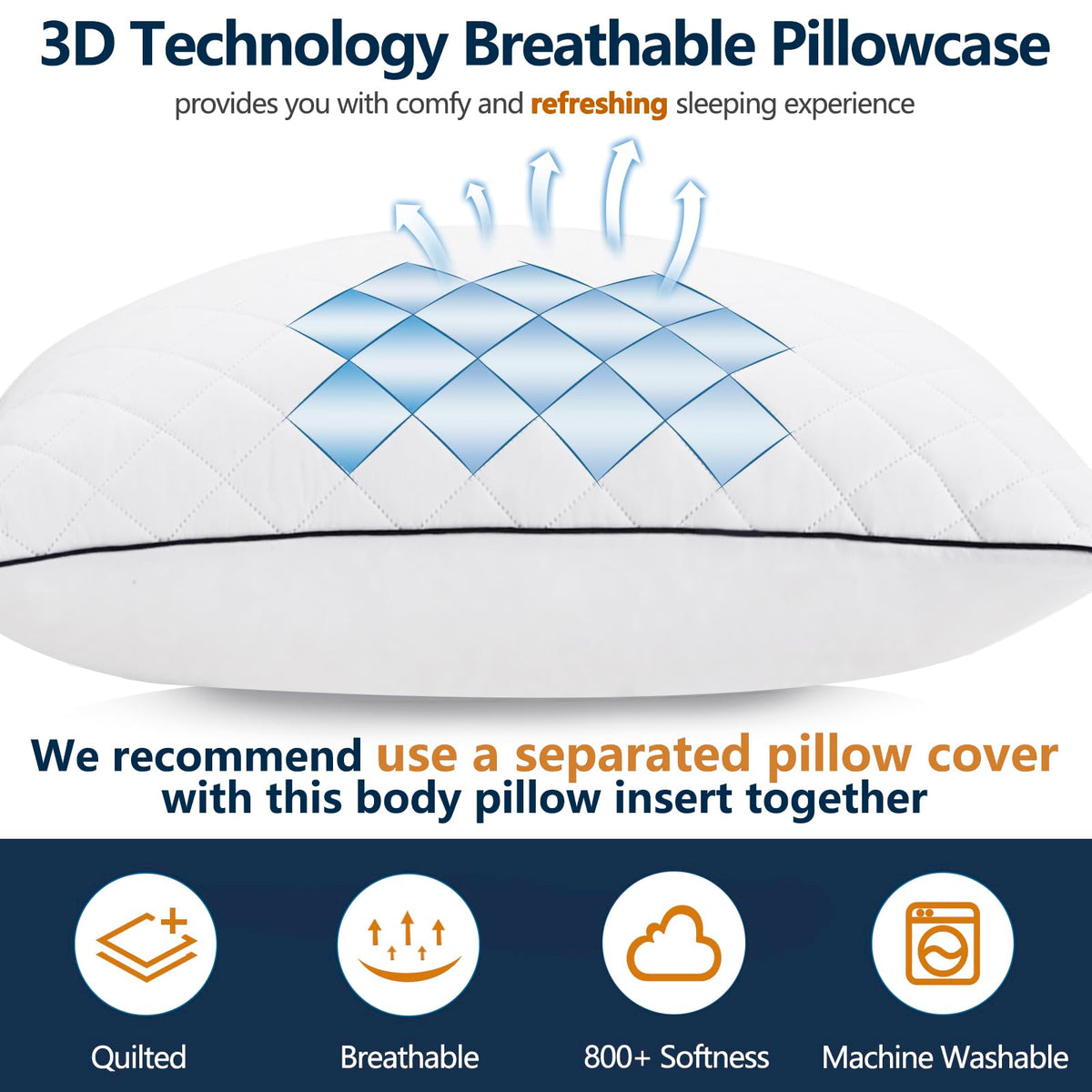 1 MIDDLE ONE 20x60 inch dimension tag on pillow highlighting size for full-body use.