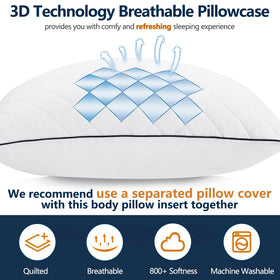 1 MIDDLE ONE 20x60 inch dimension tag on pillow highlighting size for full-body use.