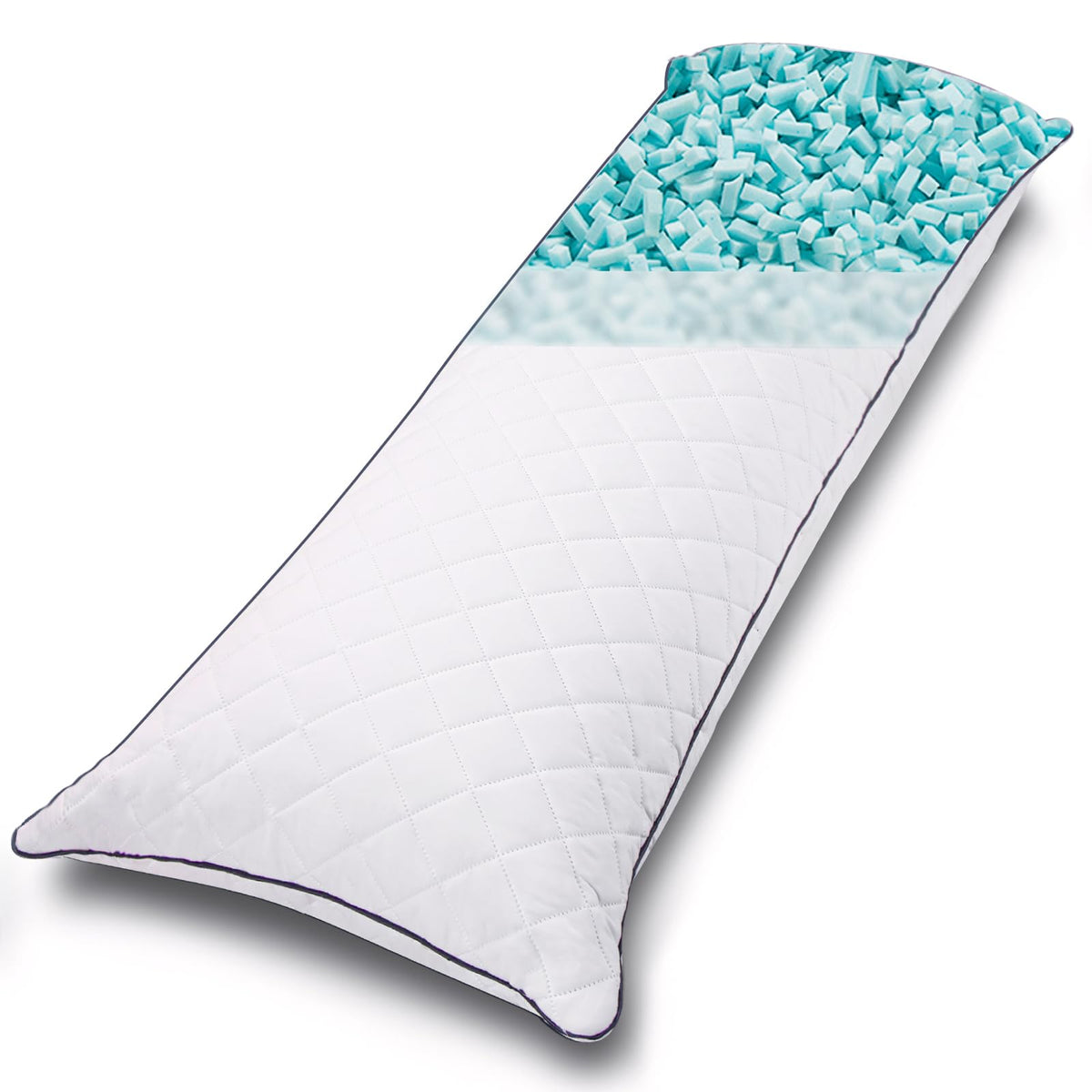 1 MIDDLE ONE body pillow insert close-up showing shredded memory foam contouring for support.