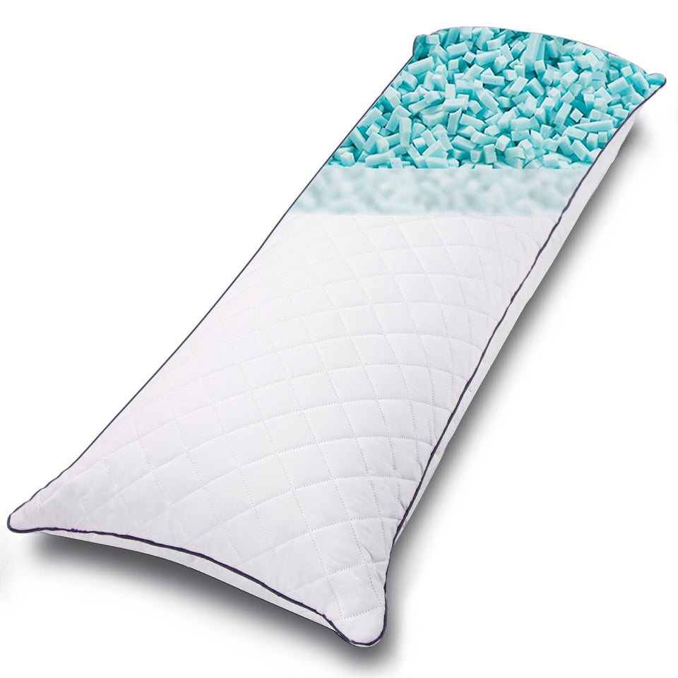 1 MIDDLE ONE body pillow insert close-up showing shredded memory foam contouring for support.