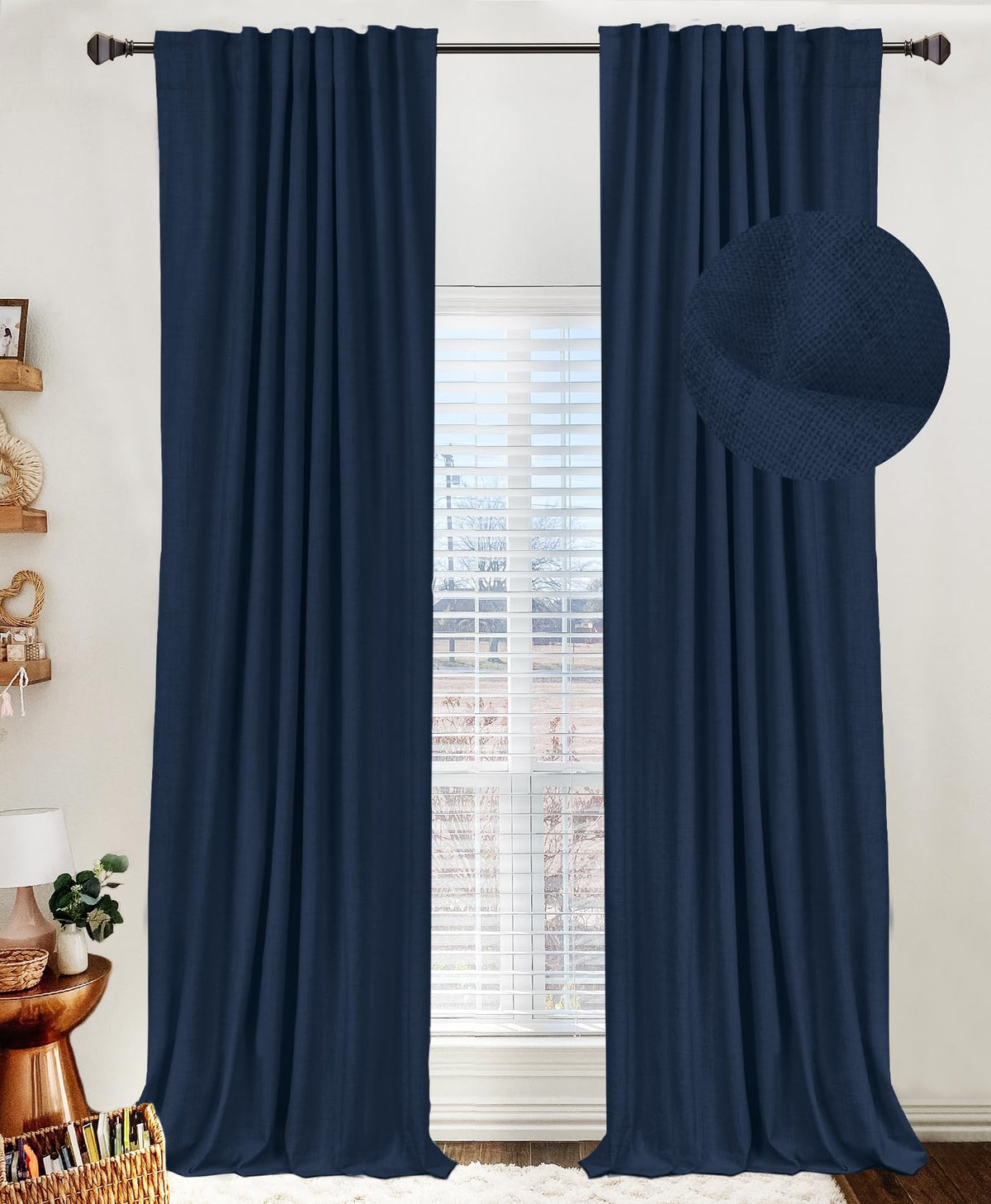 100% Blackout Shield linen curtain in midnight blue showcases vintage texture and privacy.