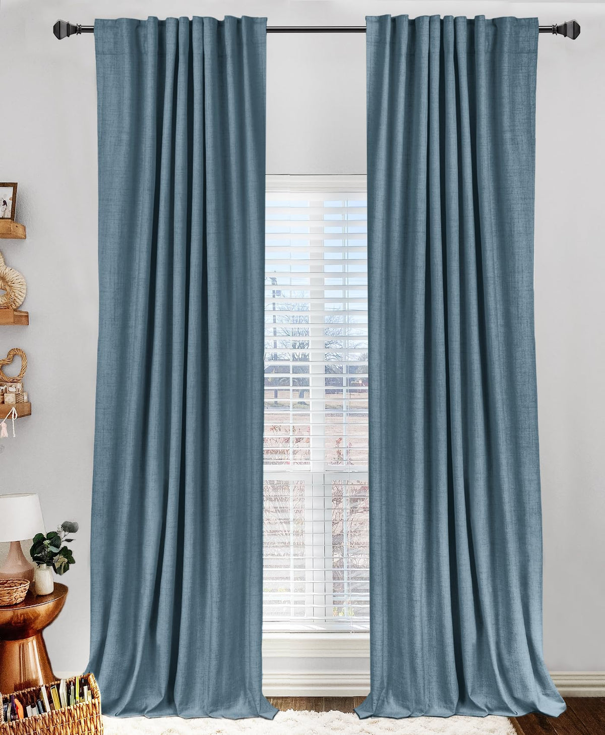 100 Percent Blackout Shield linen curtains in stone blue block sunlight and protect privacy