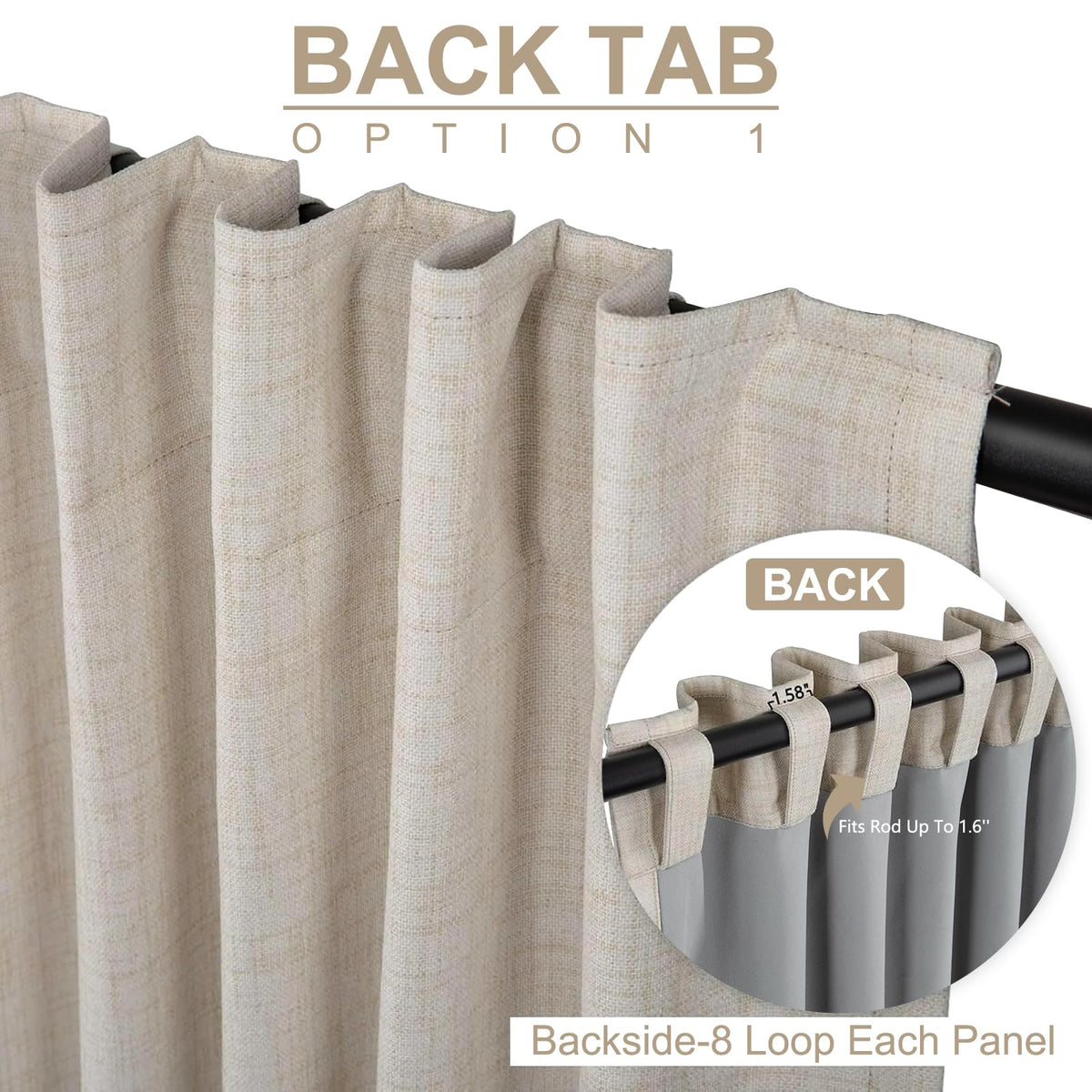 100% Blackout Shield cream curtains back-tab and rod-pocket setup for easy installation.