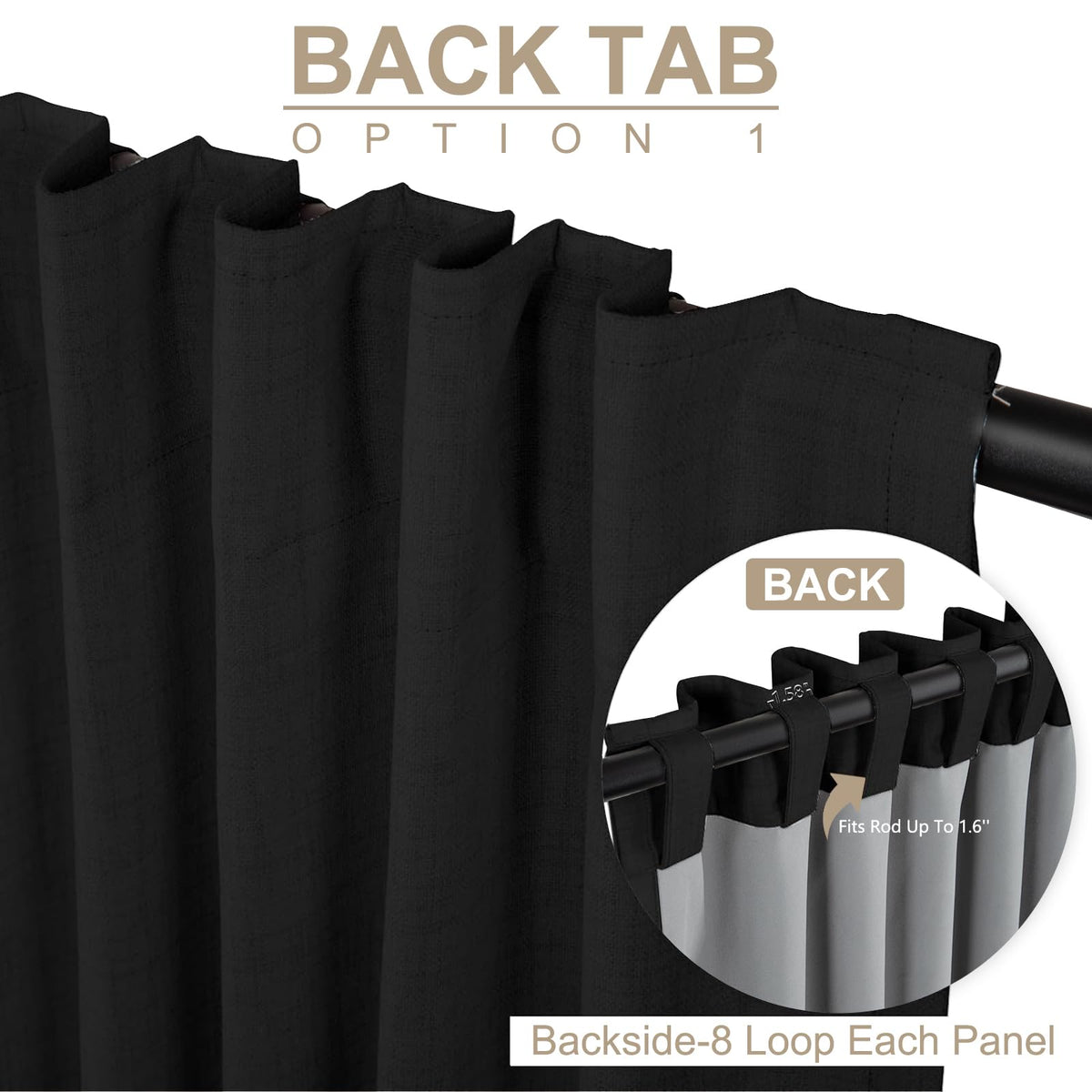 100% Blackout Shield back tab and rod-pocket setup showcases versatile mounting options for living spaces