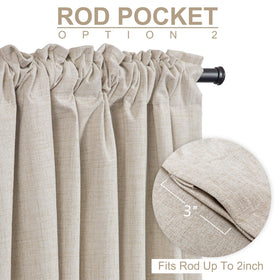 Back-tab and rod-pocket design on 100percent Blackout Shield curtains for versatile hanging.