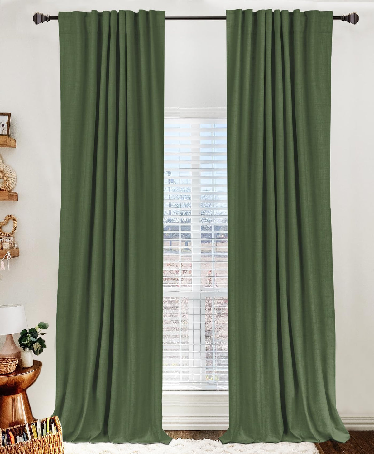 100% Blackout Shield linen curtains moss green draped over bedroom window for privacy