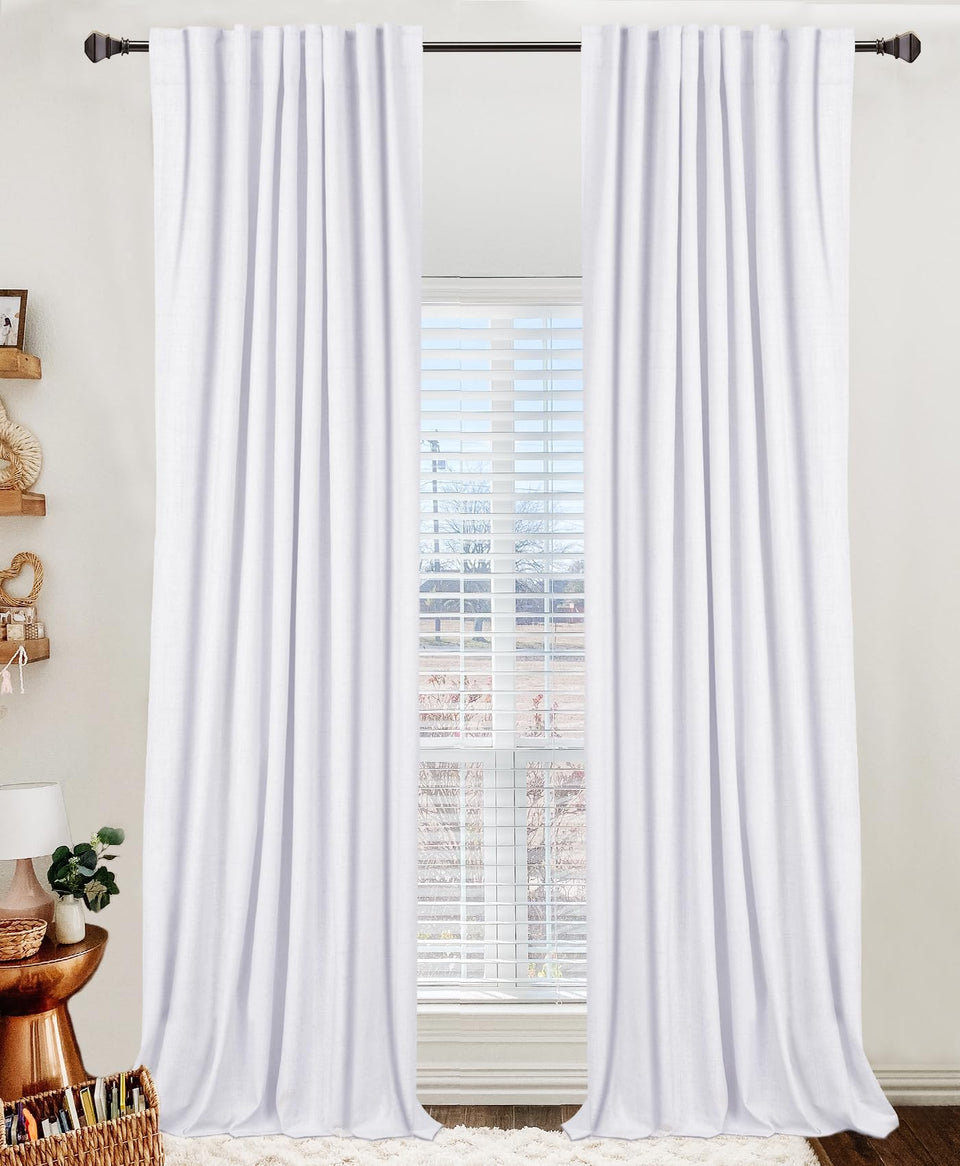 100% Blackout Shield linen curtains folded on a rod for privacy and light control
