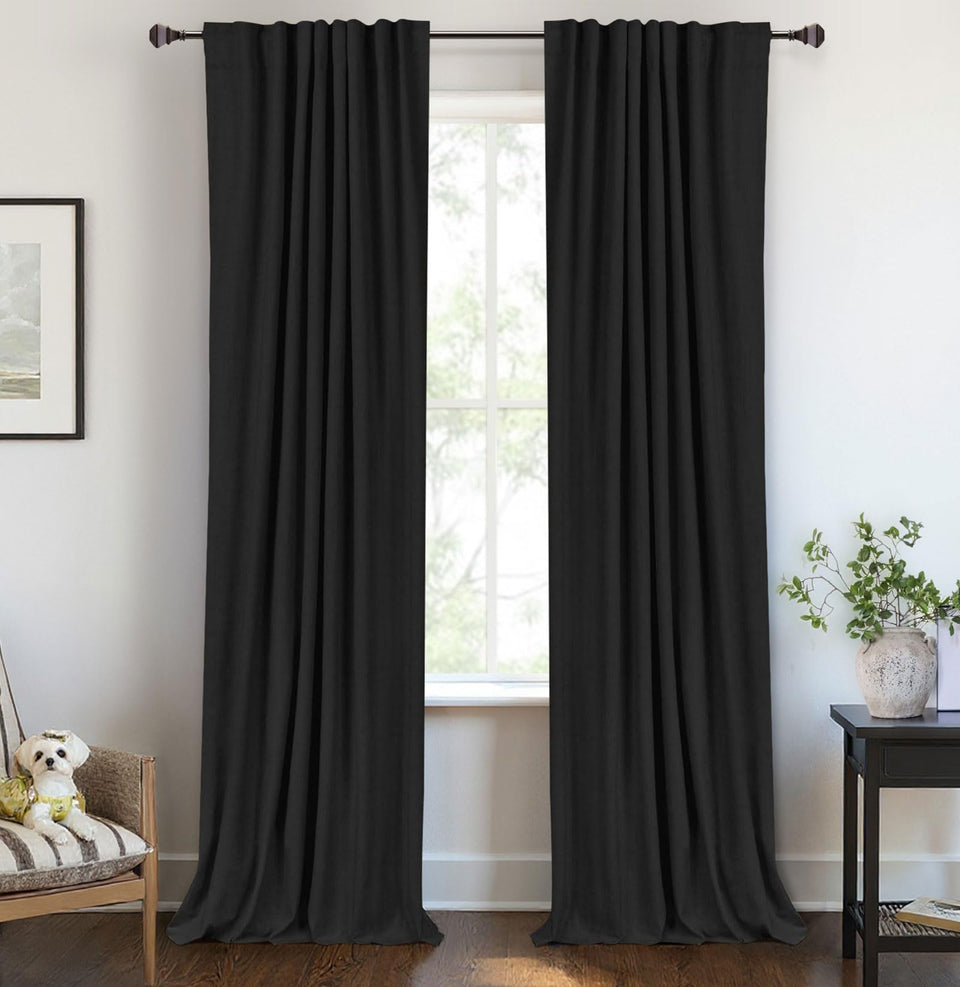 100% Blackout Shield linen curtains front view showing full light blockage for bedrooms