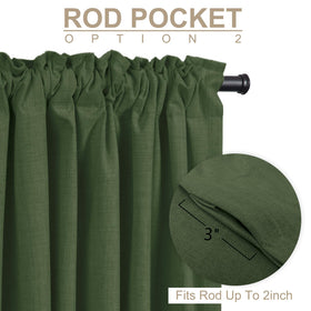 Close-up of 100% Blackout Shield linen curtains texture in moss green