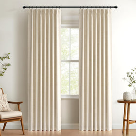 100% Blackout Shield linen-look cream curtains with pinch-pleat texture for bedrooms
