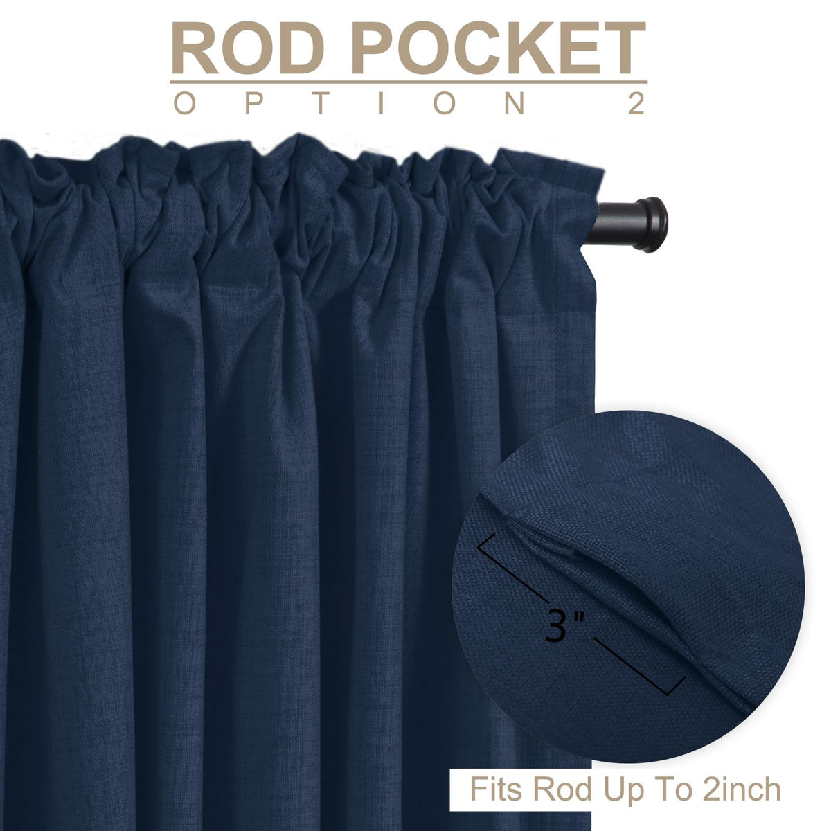 Linen-look curtains from 100% Blackout Shield in midnight blue bring a soft vintage vibe while darkening.