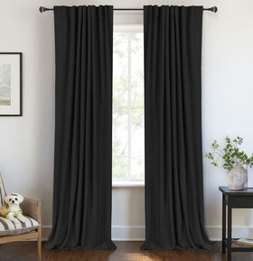 100% Blackout Shield linen-look fabric close-up shows light-blocking weave for bedroom darkness