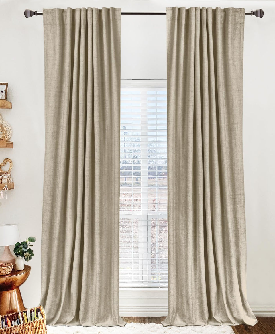 100% Blackout Shield oatmeal linen curtains front view blocks light