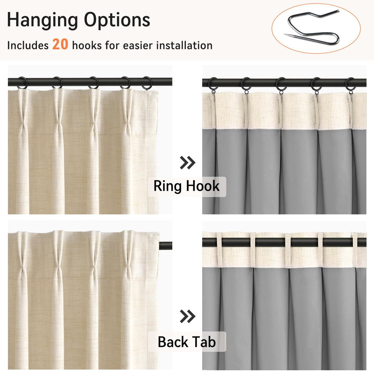 100% Blackout Shield pinch-pleat curtains in cream color for elegant living room decor