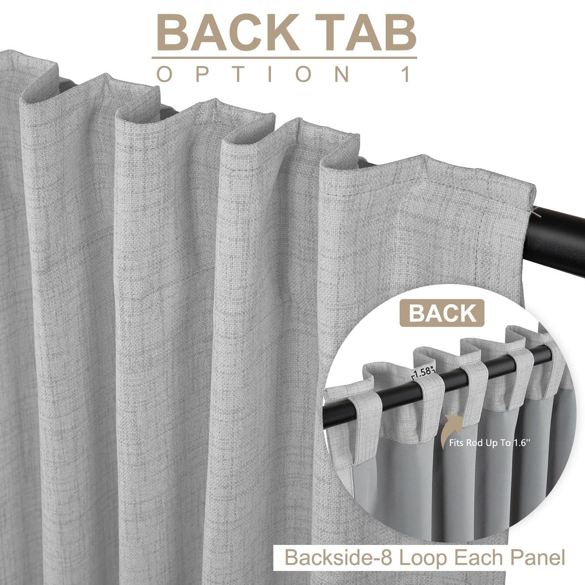 Back tab and rod pocket options demonstrated by 100% Blackout Shield curtains.