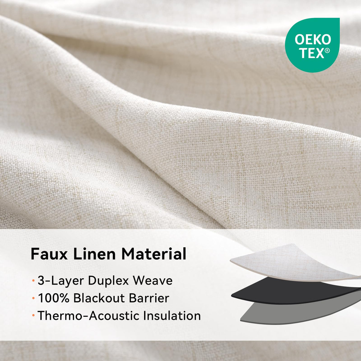 100% Blackout Shield thermal-insulation closeup highlights durable, temperature-stabilizing fabric.