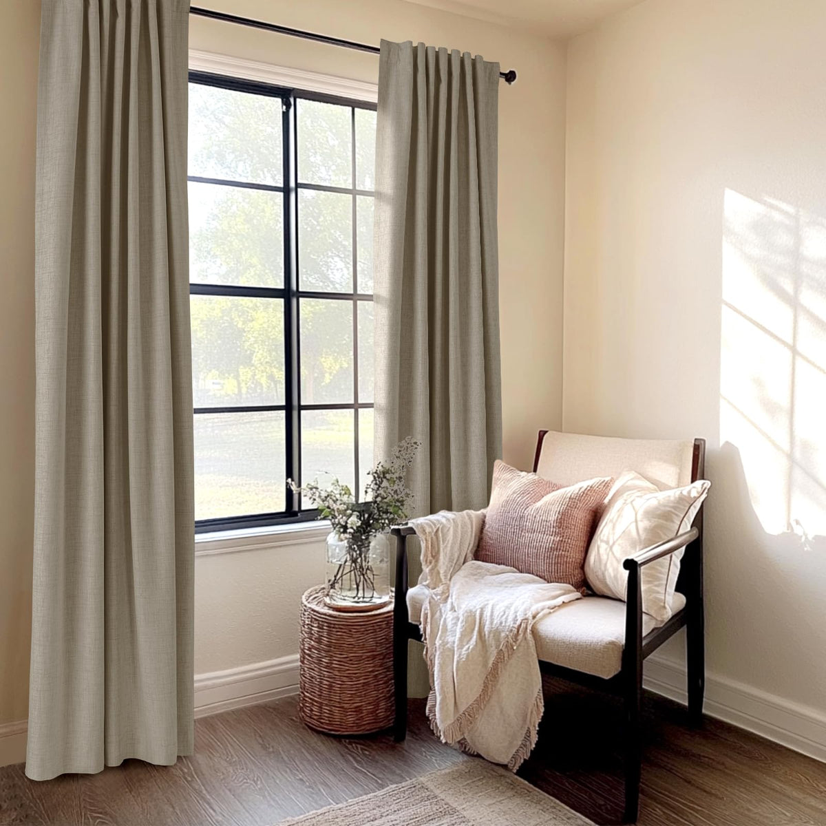 100% Blackout Shield draped soft finish adds elegant linen look to rooms.