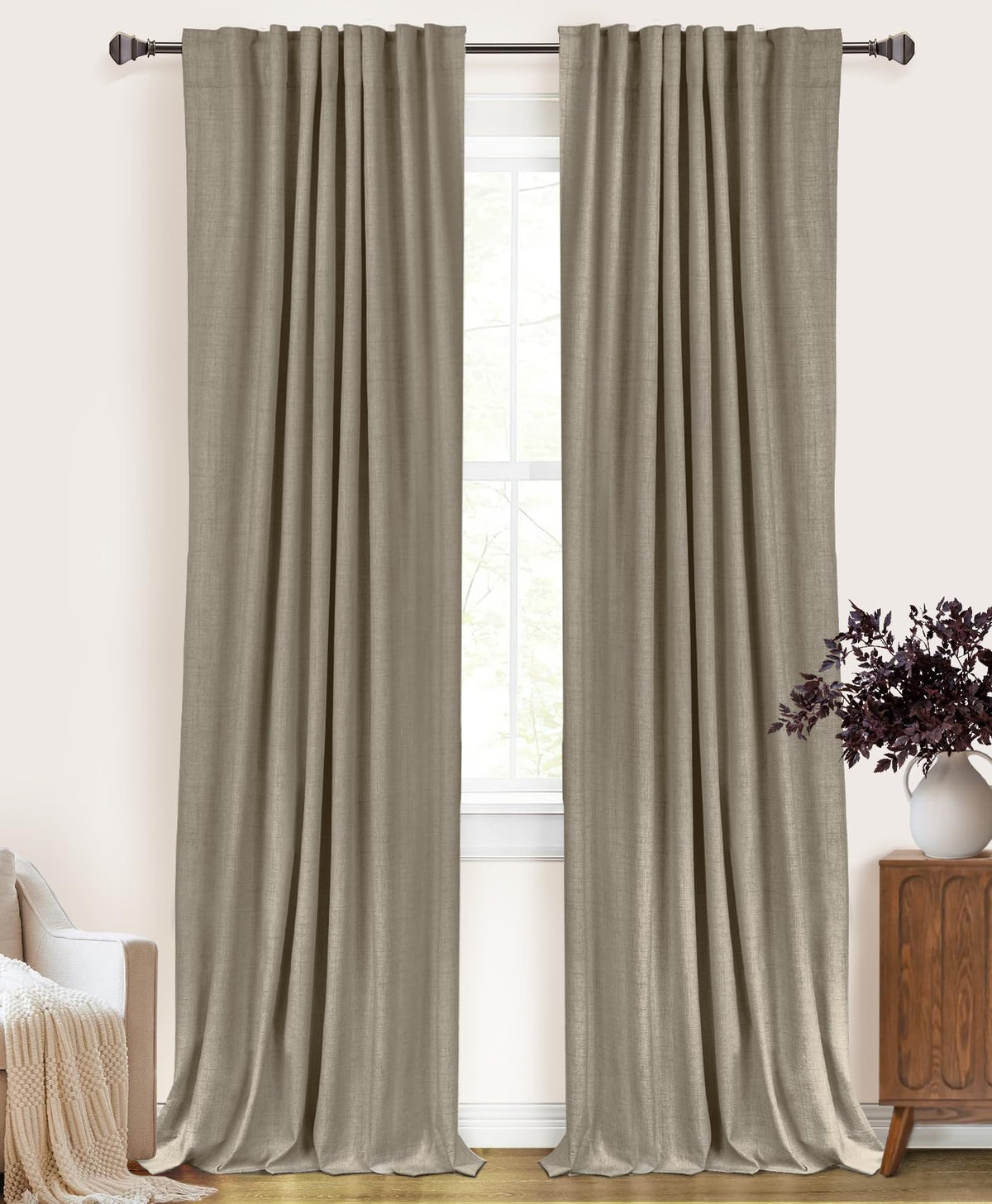 100% Blackout Shield linen curtains fabric texture close-up shows soft drape for cozy bedrooms.