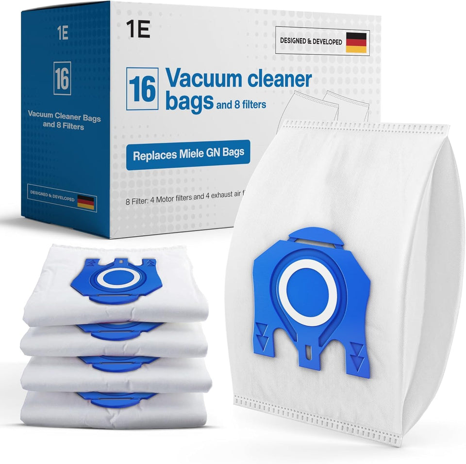 1E 16 Type G/N bags packaging shows easy replacement for Miele vacuums.
