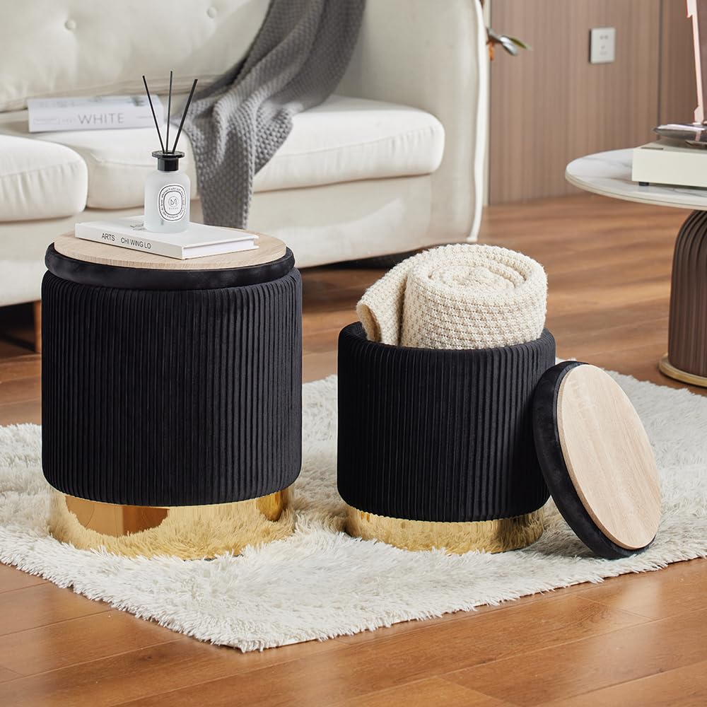 2BYF round ottoman set two in black velvet with gold bottom enhances living room seating