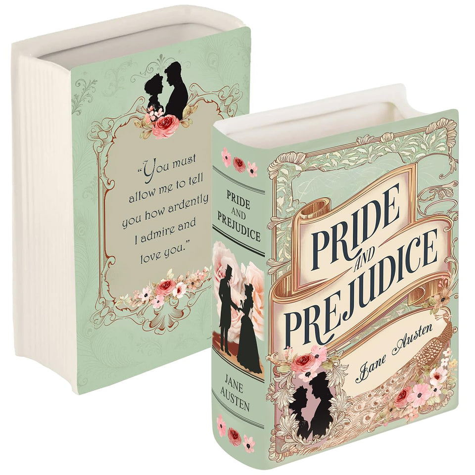 2IMT ceramic book vase Pride and Prejudice on shelf for literary decor.