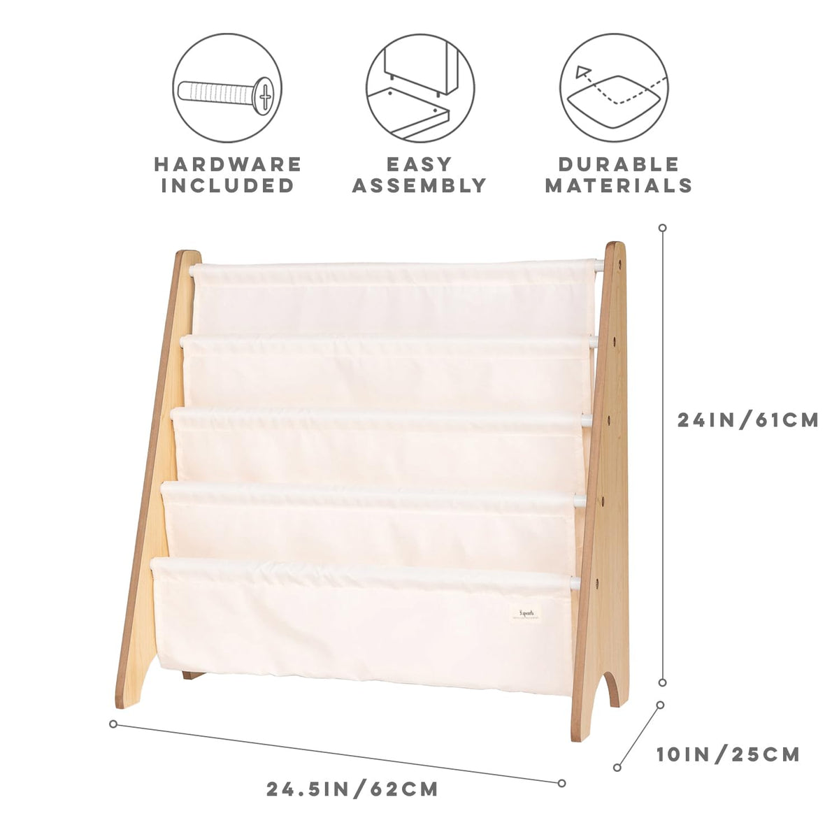 3 Sprouts kids bookshelf with 4-tier sling storage for roomy organization