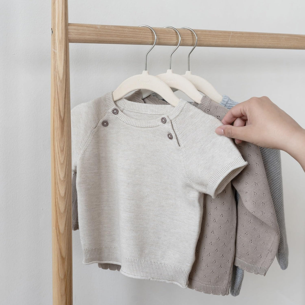 30-pack of 3 Sprouts Velvet Hangers supports newborn to toddler wardrobe organization.