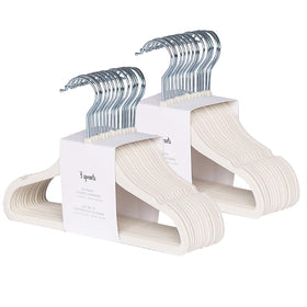 3 Sprouts Velvet Baby Hangers in cream offer non-slip, space-saving closet organization for newborn outfits.