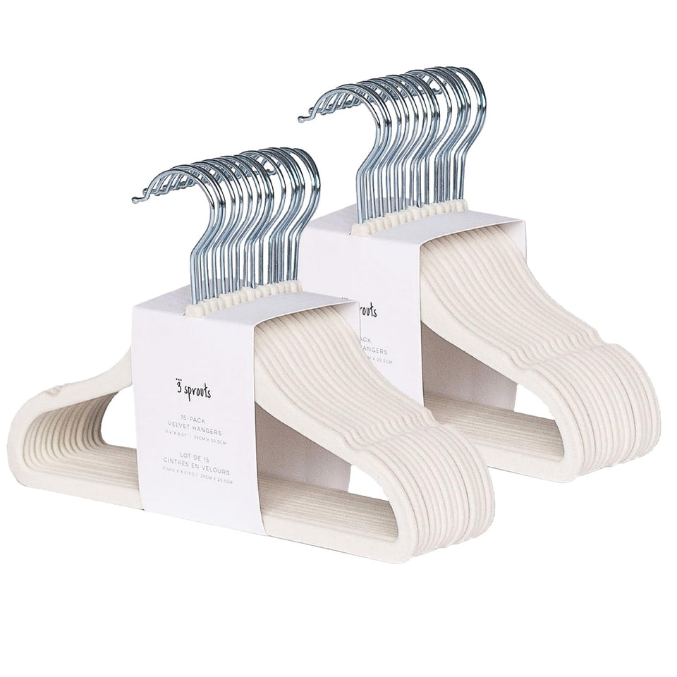 3 Sprouts Velvet Baby Hangers in cream offer non-slip, space-saving closet organization for newborn outfits.
