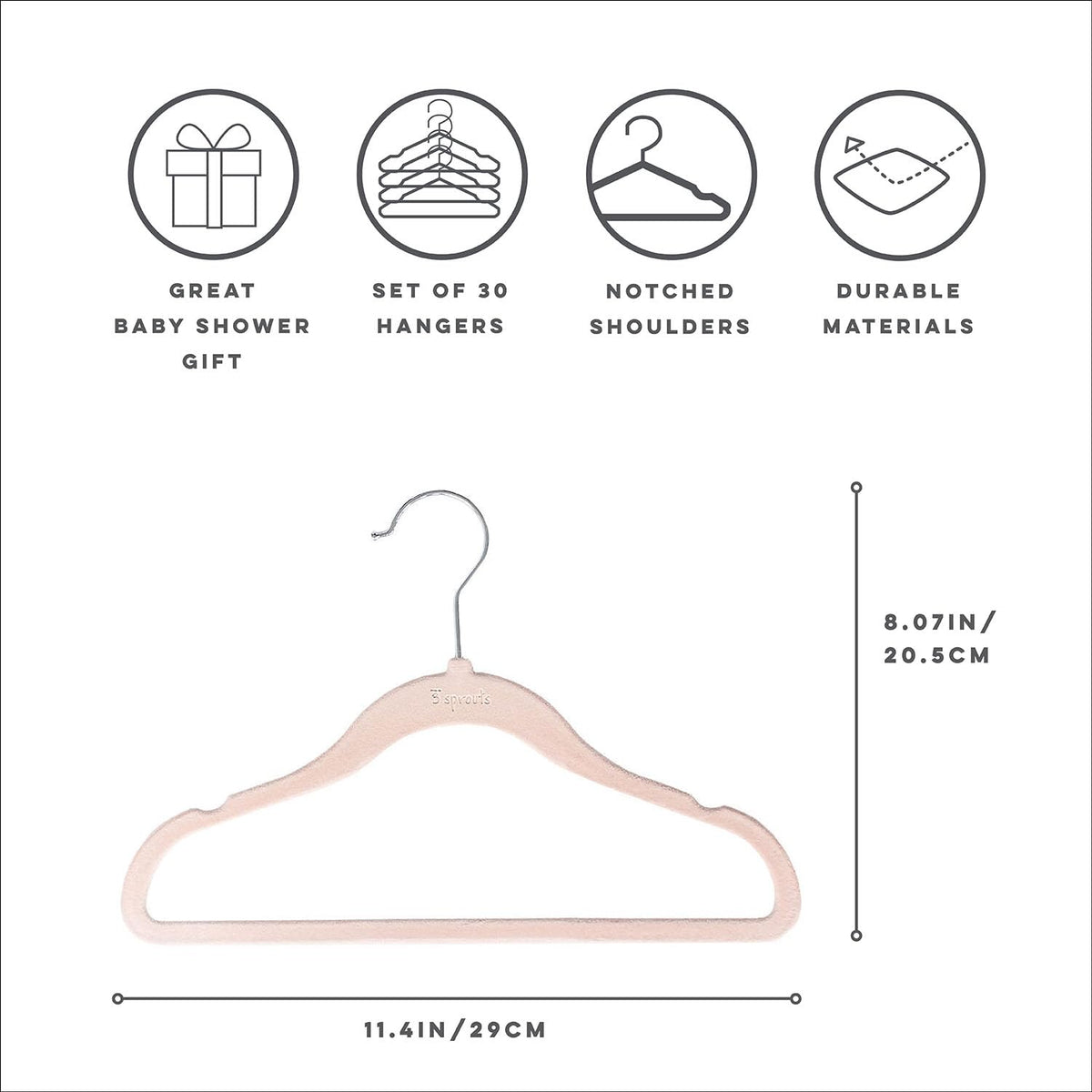 3 Sprouts Velvet Baby Hangers pink side view—slim profile saves nursery closet space.