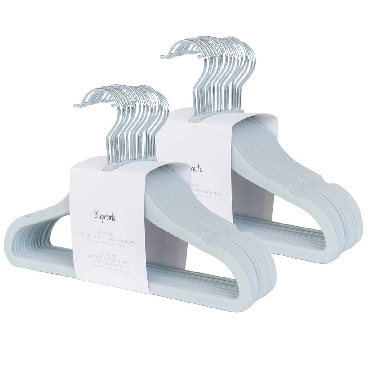 3 Sprouts Velvet Baby Hangers in Nordic blue stack keeps tiny outfits neatly organized.