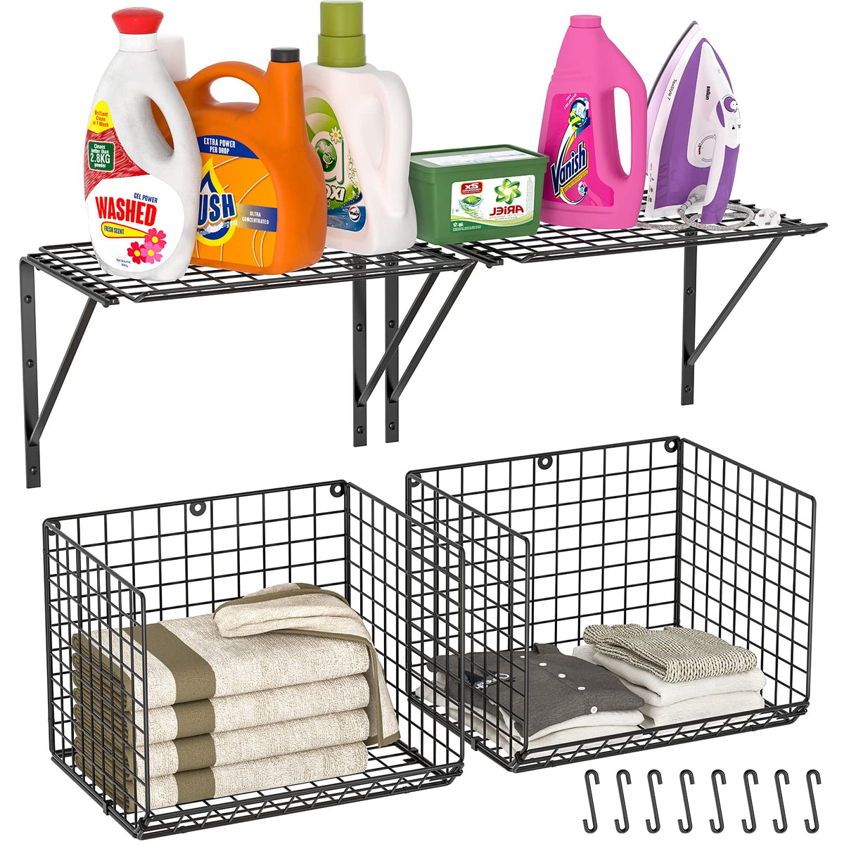 3IngSeagulls 2-pack laundry shelf over washer-dryer keeps items organized.
