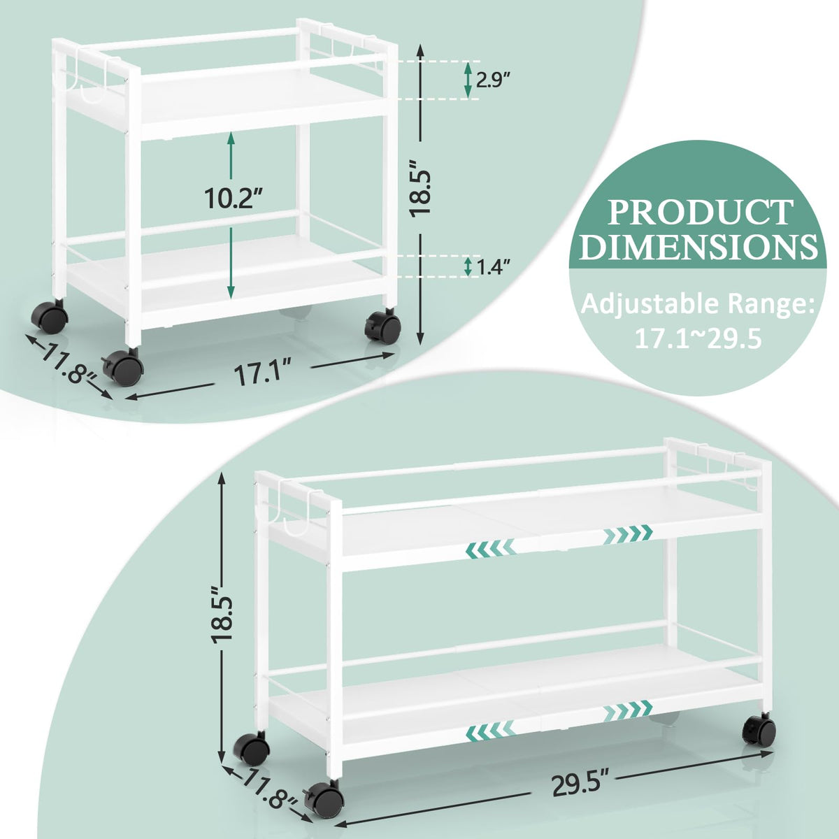 3IngSeagulls adjustable-length pantry cart fits narrow and wide pantry spaces.