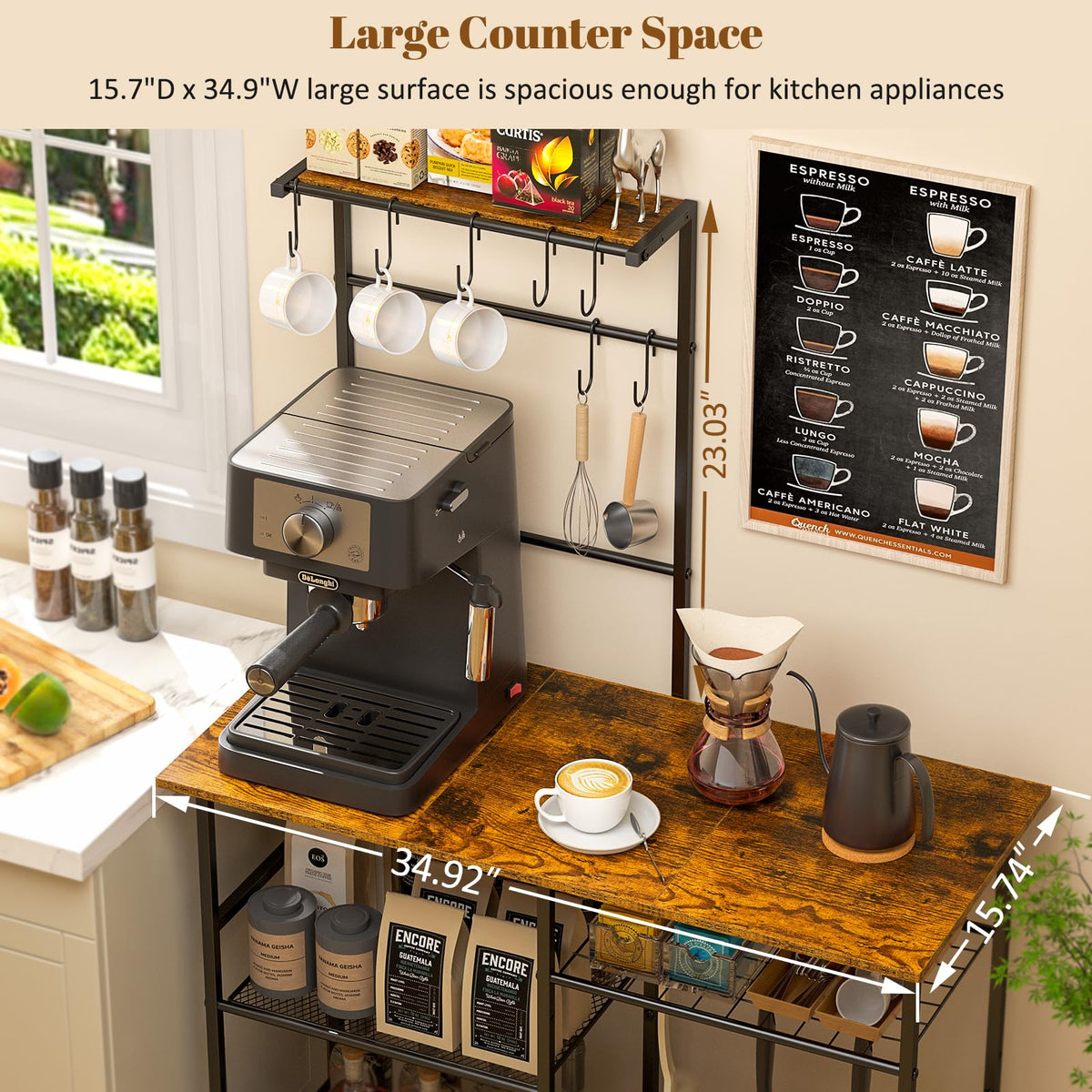 3IngSeagulls Baker Rack adjustable shelf adapts to tall appliances and cookware.