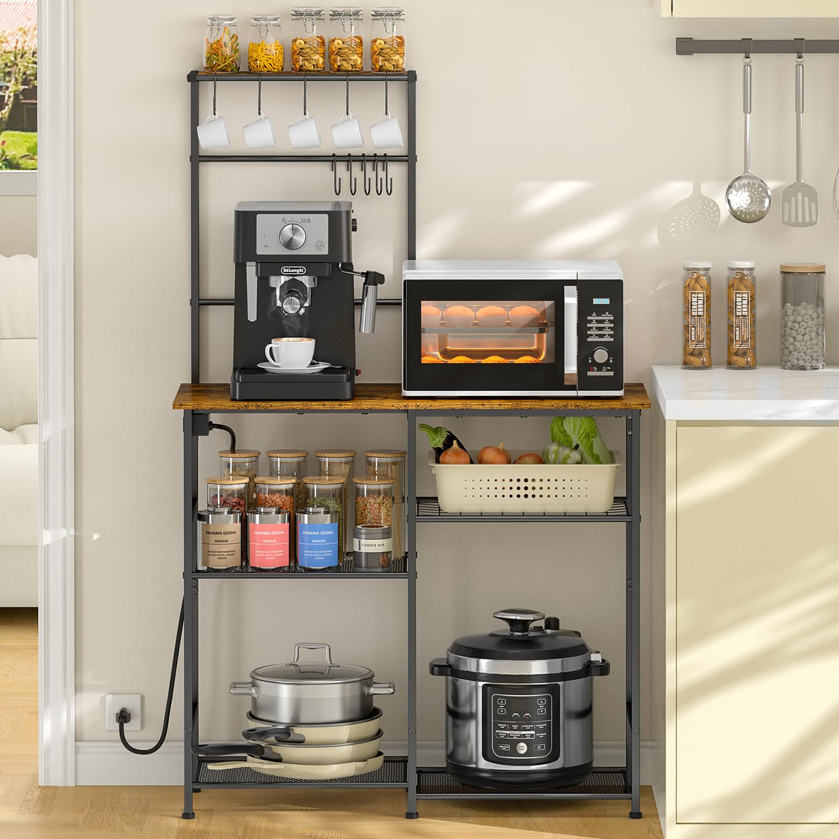 3IngSeagulls Baker Rack with Power Outlet showing top surface for spices and compact appliances.
