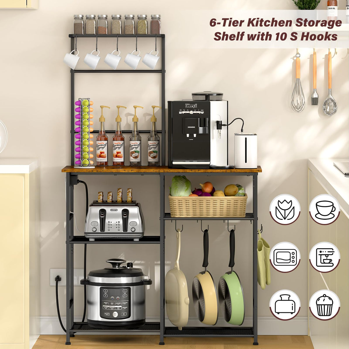3IngSeagulls Baker Rack's sturdy wood and metal frame supports heavy kitchenware.