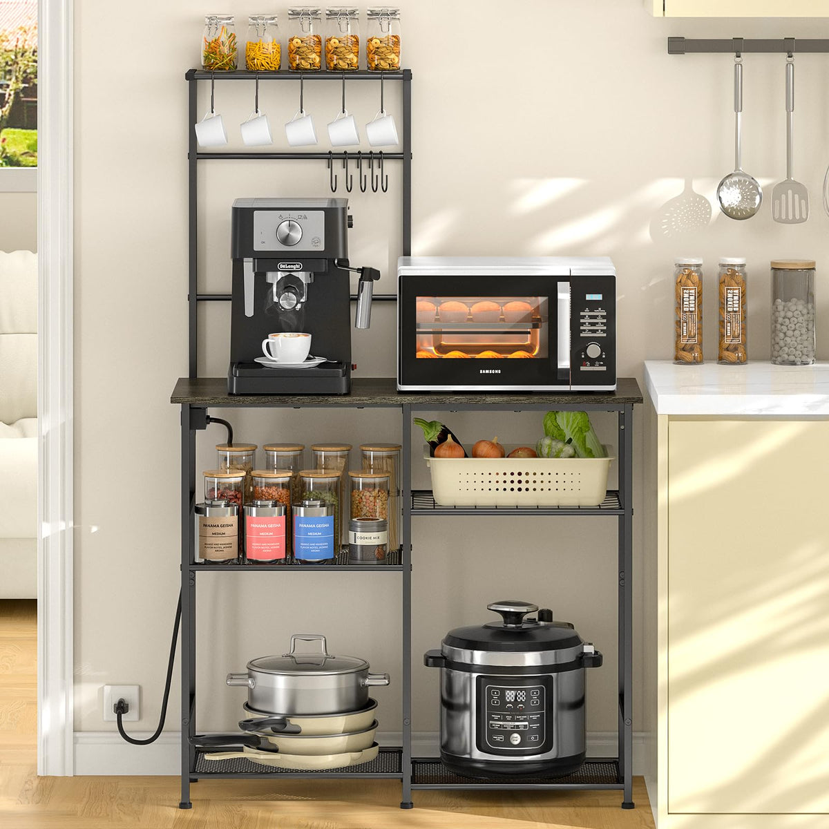 3IngSeagulls bakers rack with power outlet keeps appliances tidy and ready.