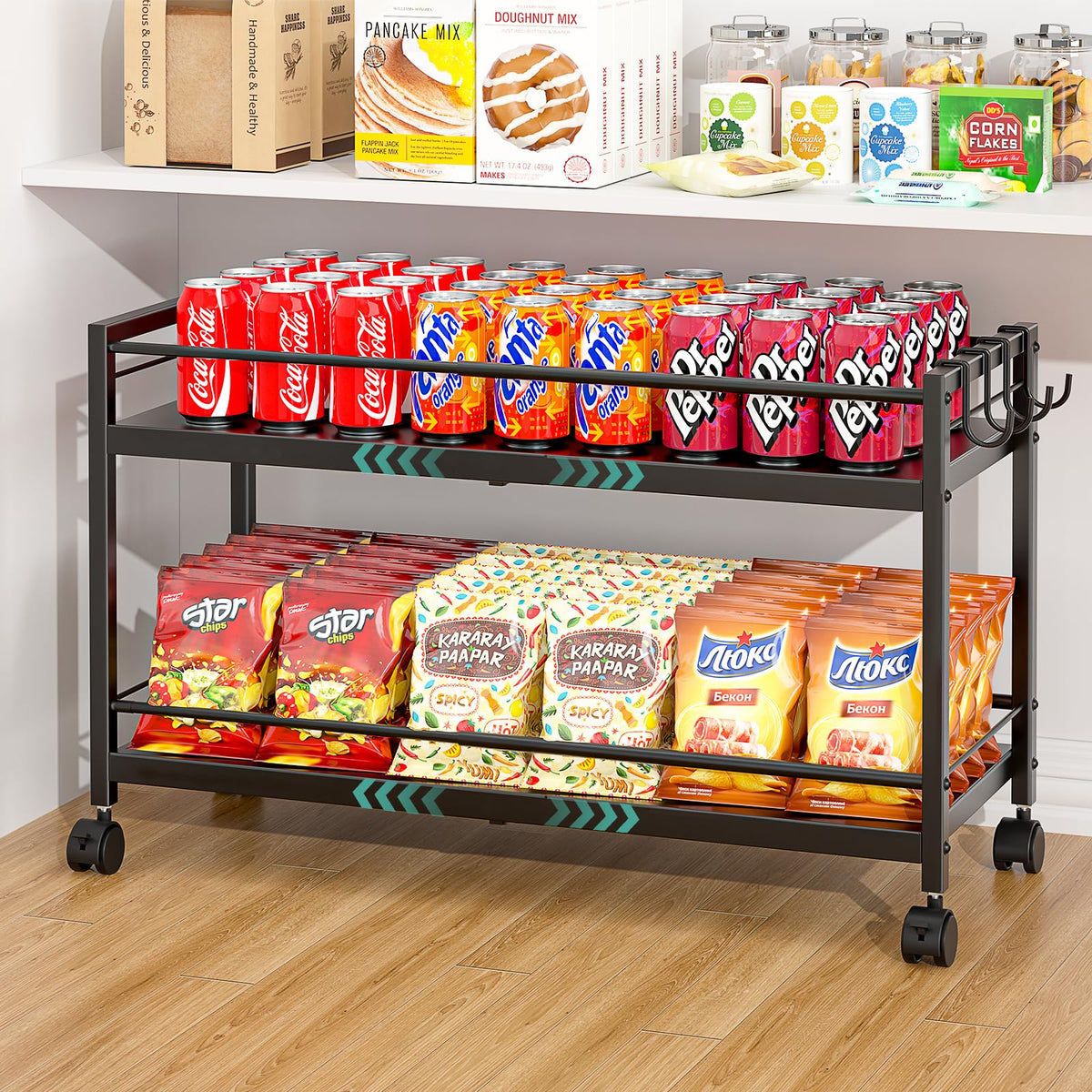 3IngSeagulls expandable pantry cart side view highlights space-saving design for compact kitchens.