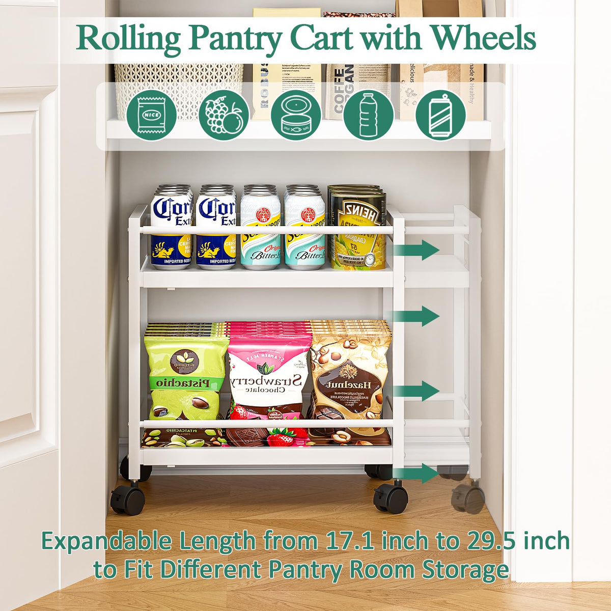 3IngSeagulls expandable pantry cart on wheels showcases organized snacks, cans, and vegetables.