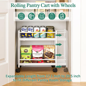 3IngSeagulls expandable pantry cart on wheels showcases organized snacks, cans, and vegetables.