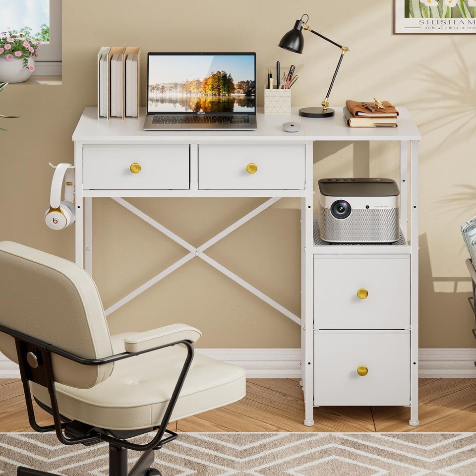 3IngSeagulls small computer desk with 4 fabric drawers keeps supplies organized and within reach