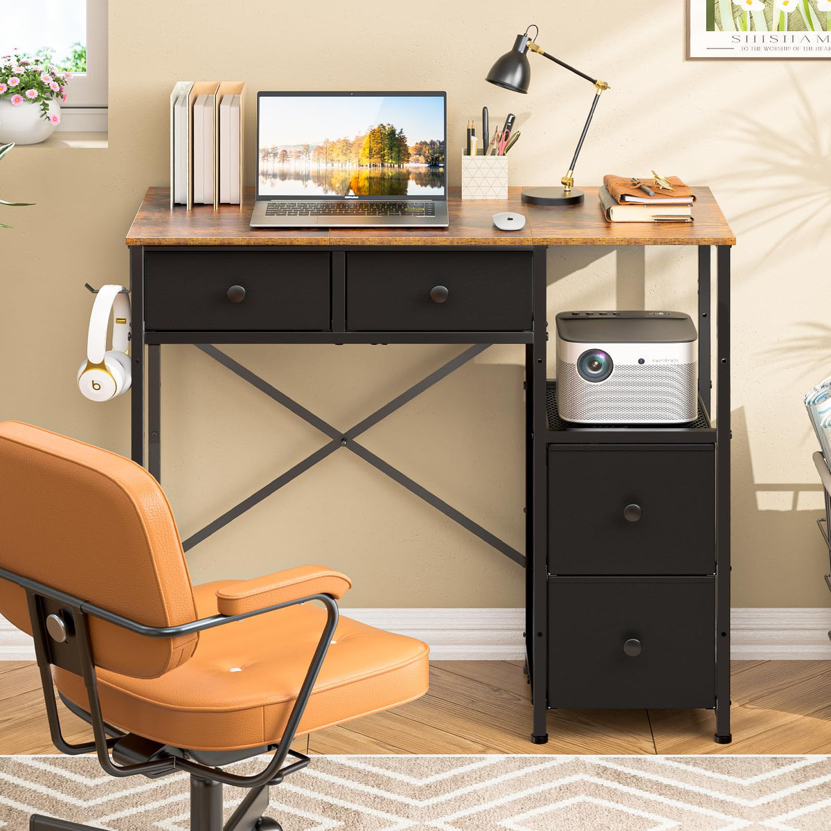 3IngSeagulls small computer desk with four fabric drawers keeps clutter organized