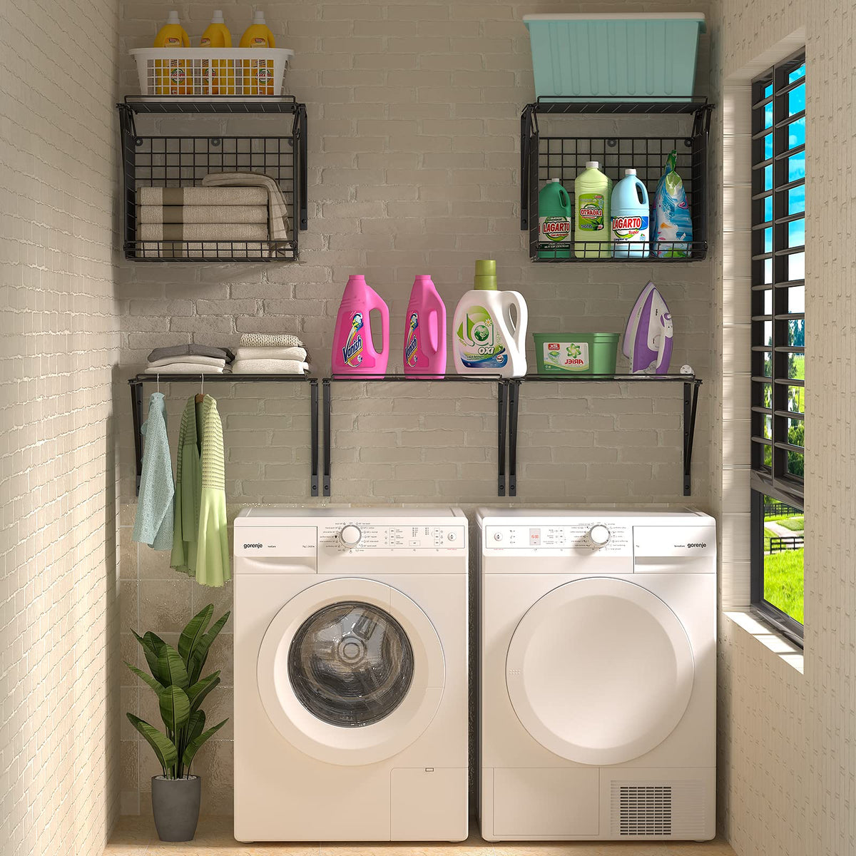 3IngSeagulls wall-mounted storage in black blends with modern laundry decor.
