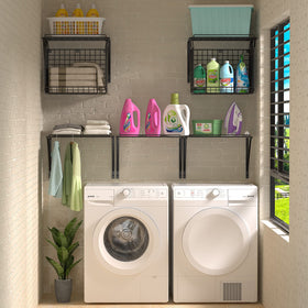 3IngSeagulls wall-mounted storage in black blends with modern laundry decor.