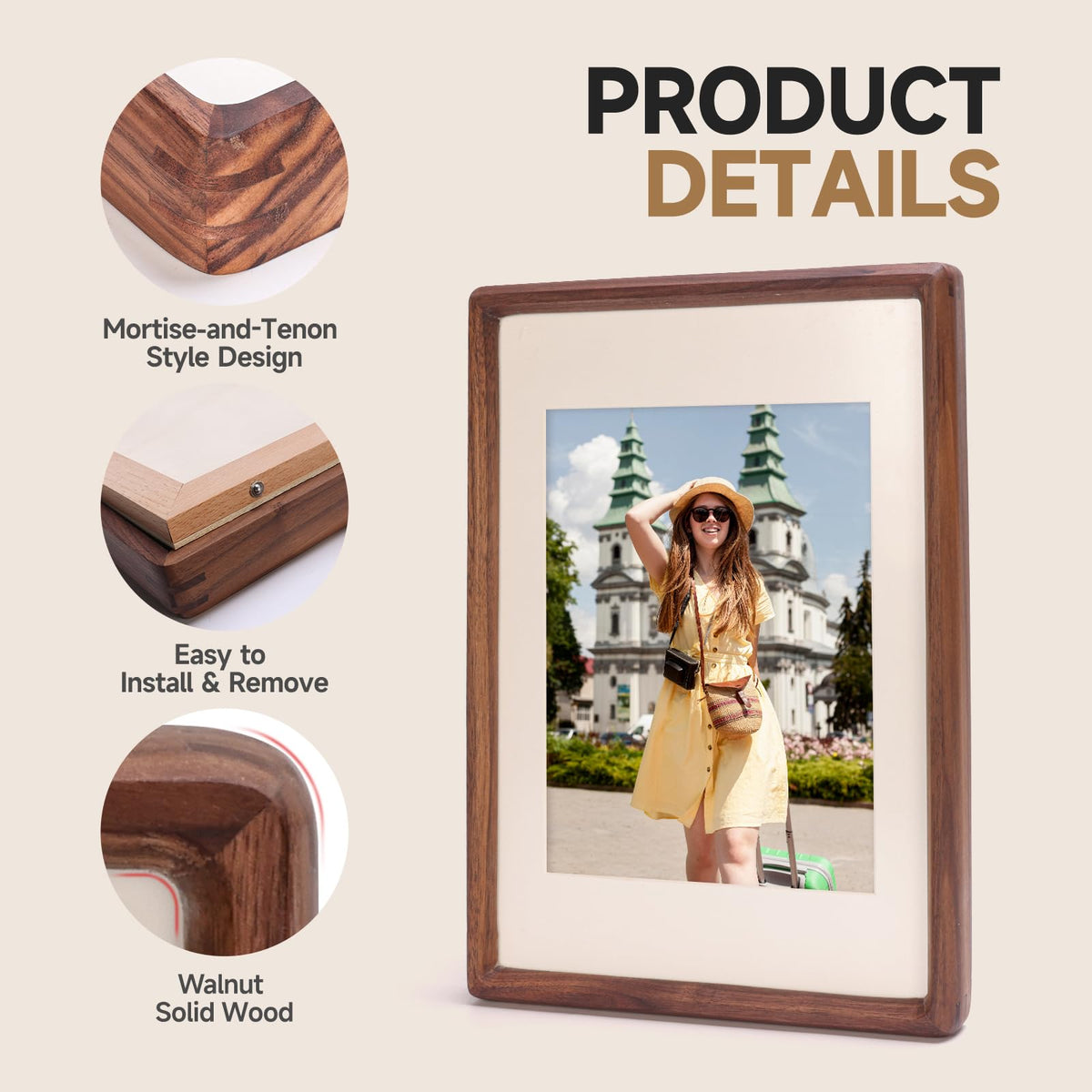 3Liangthings solid walnut frame holding a 5x7 photo on a stand.