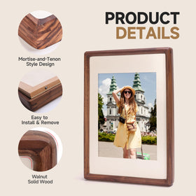 3Liangthings solid walnut frame holding a 5x7 photo on a stand.