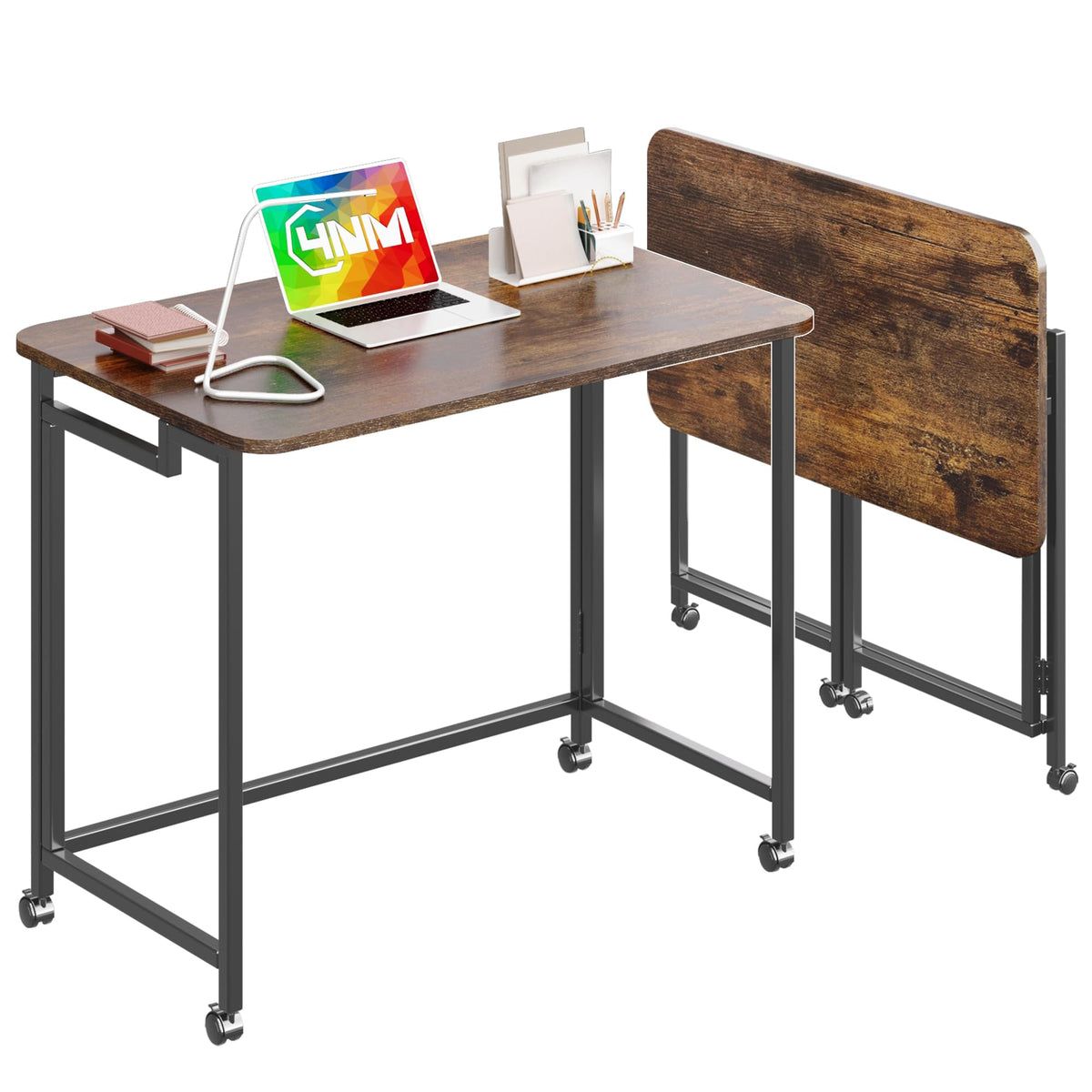 4NM mobile rolling desk with folding design, ideal for small spaces.