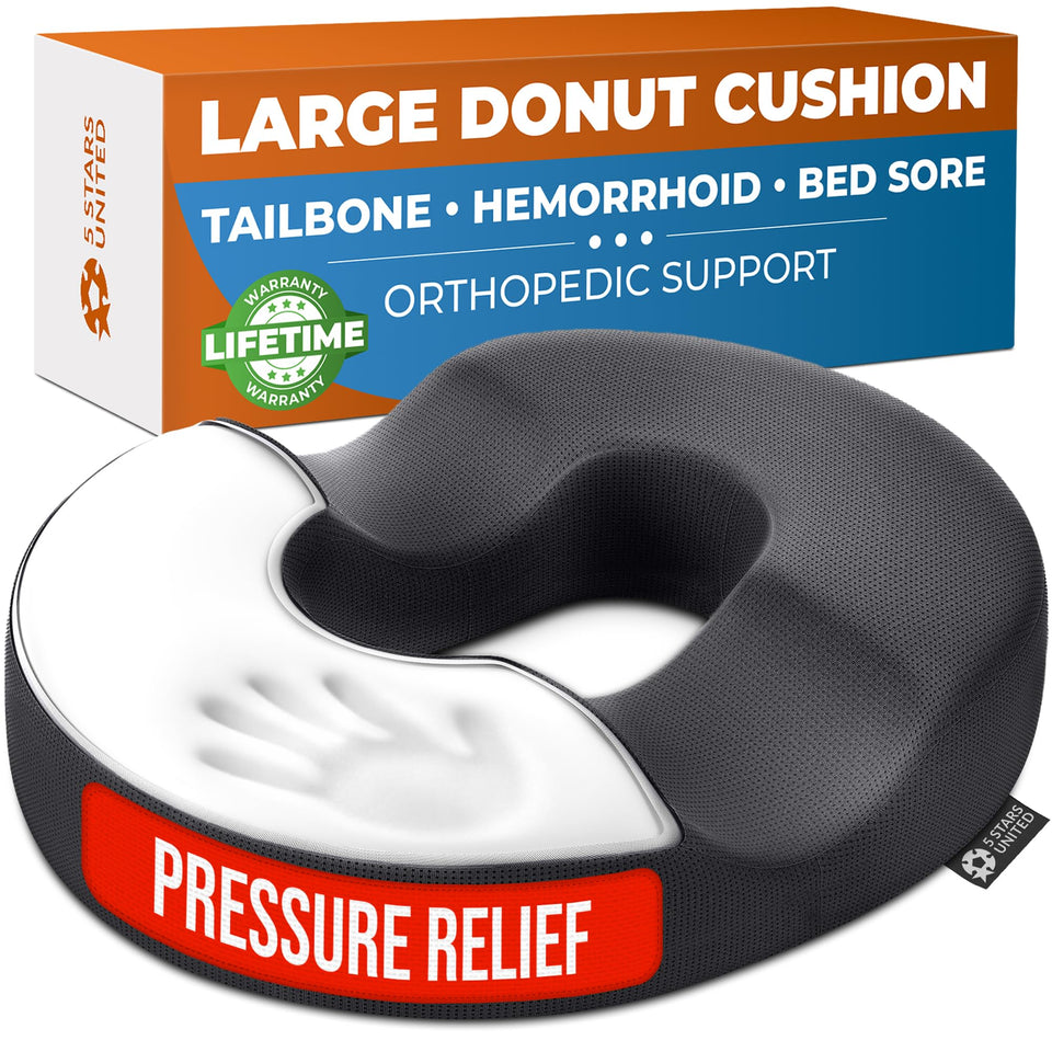 5 Stars United donut pillow on chair provides tailbone comfort during long work sessions