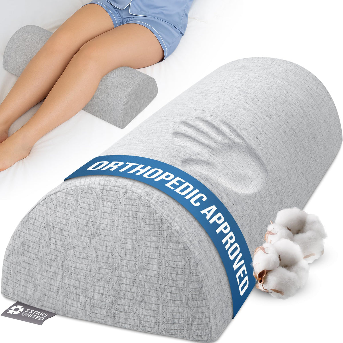 5 STARS UNITED knee pillow under knee supports alignment for comfortable back sleeping.