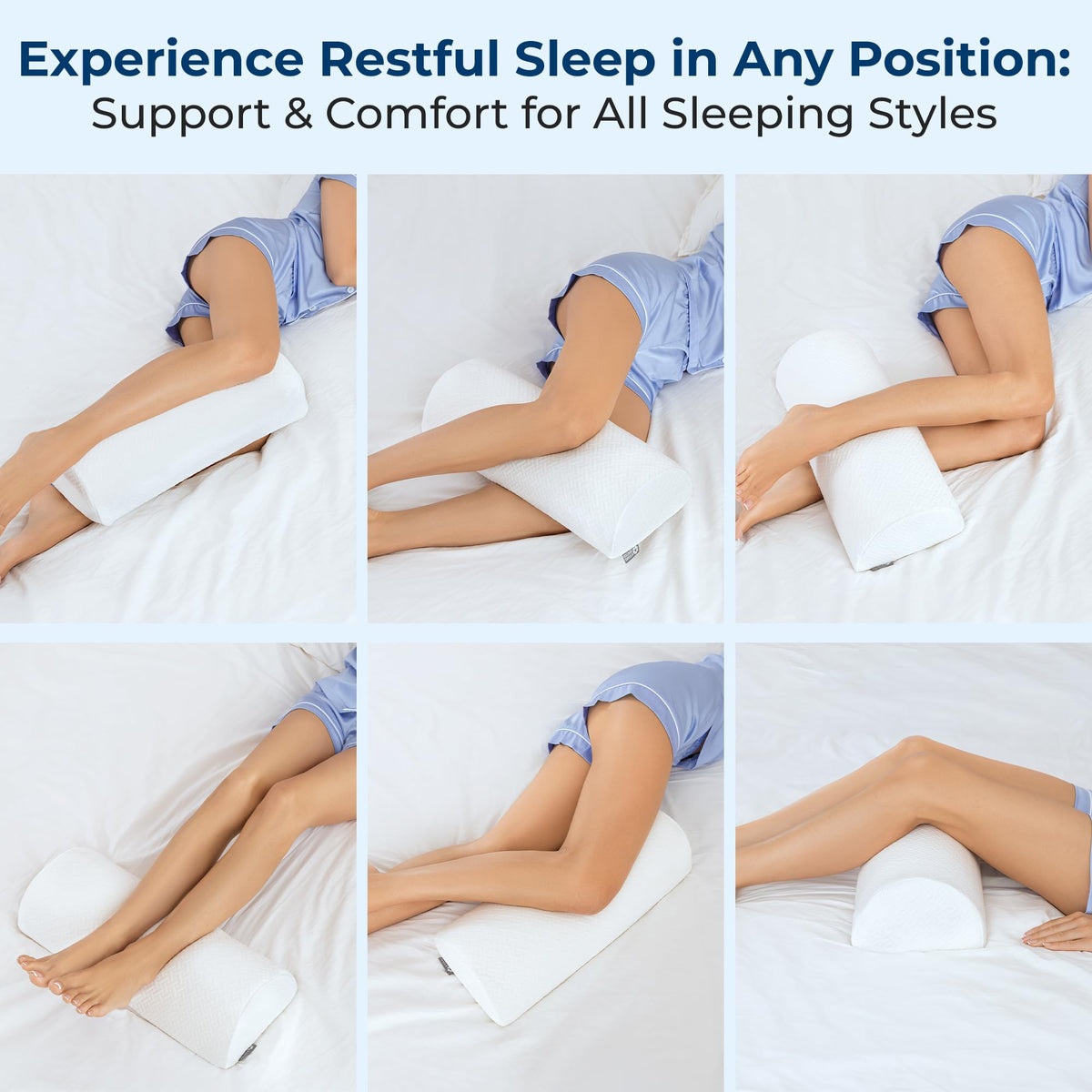 Memory foam leg pillow contours to knees for comfortable alignment